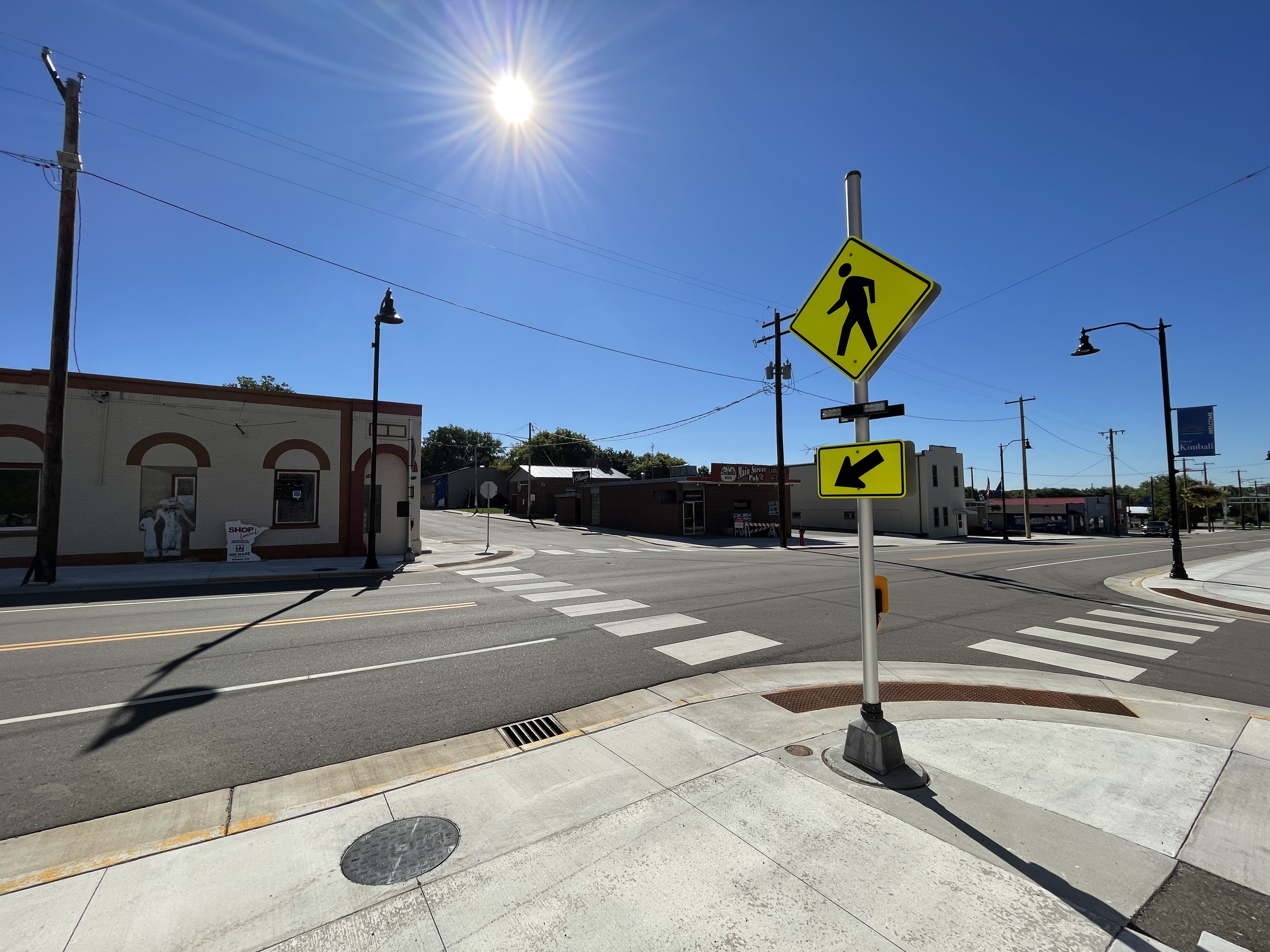 An RRFB at the intersection of Hwy 15 and Hazel Avenue in Kimball