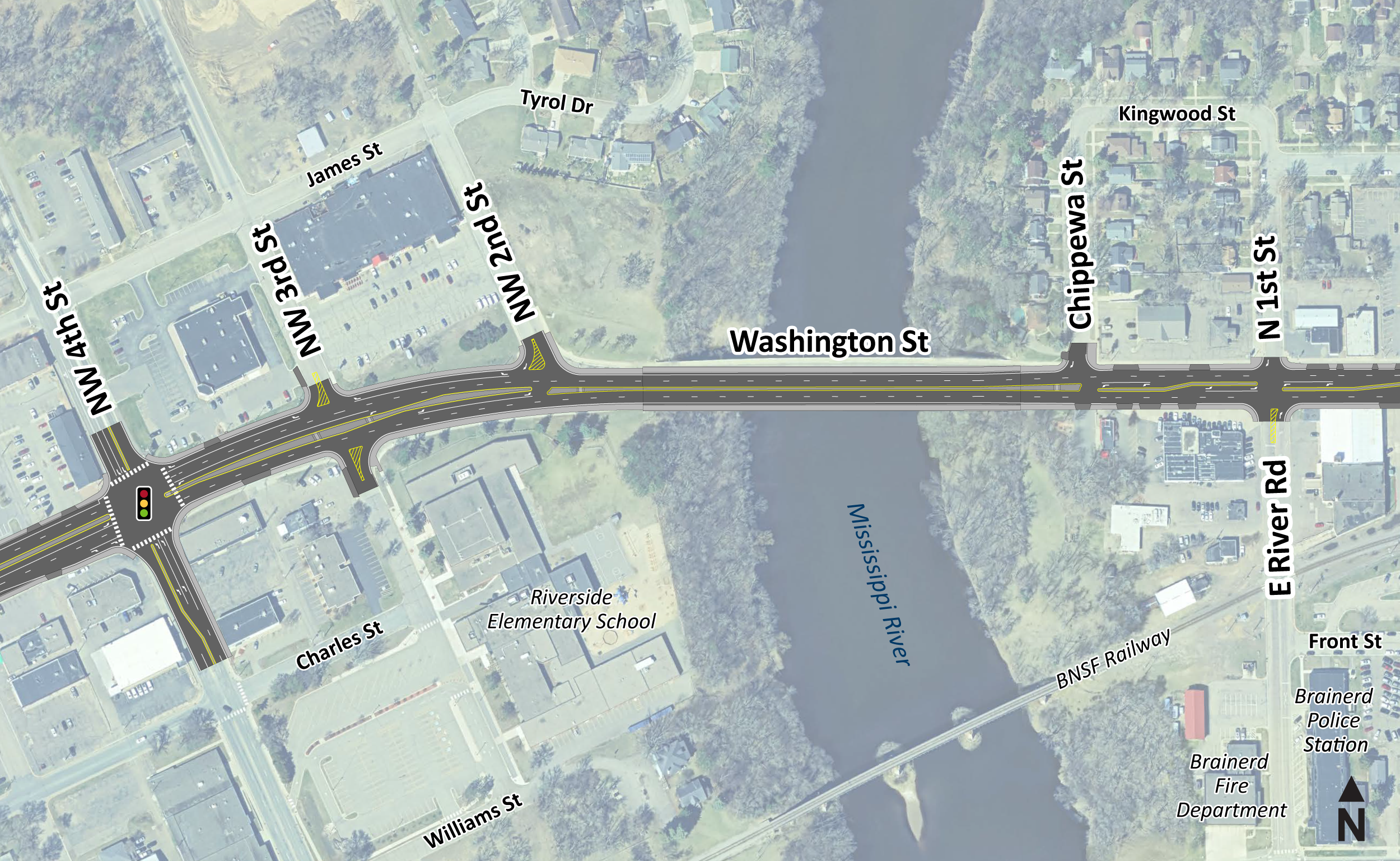 Hwy 210 Brainerd - Bridge Hwy 210 design layout on top of aerial image 4th St. NW to E River Rd.