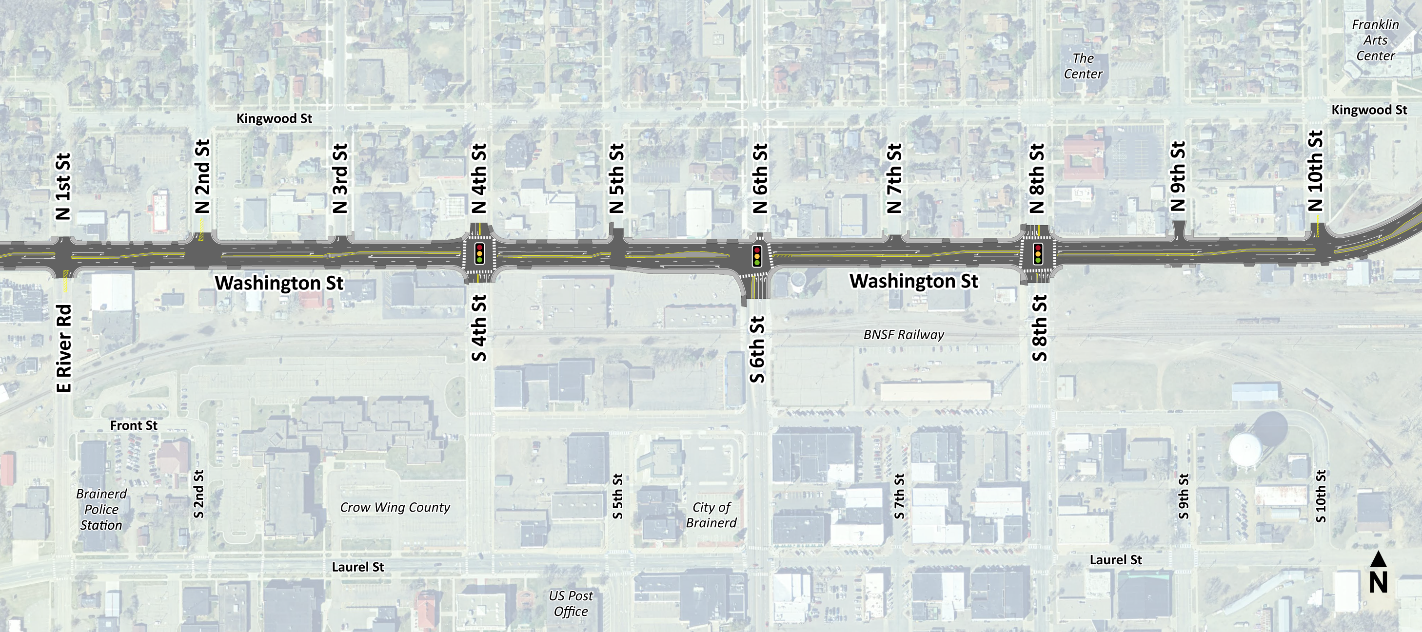 Hwy 210 Brainerd - Downtown Hwy 210 design layout on top of aerial image E River Rd. to near Kingwood St.