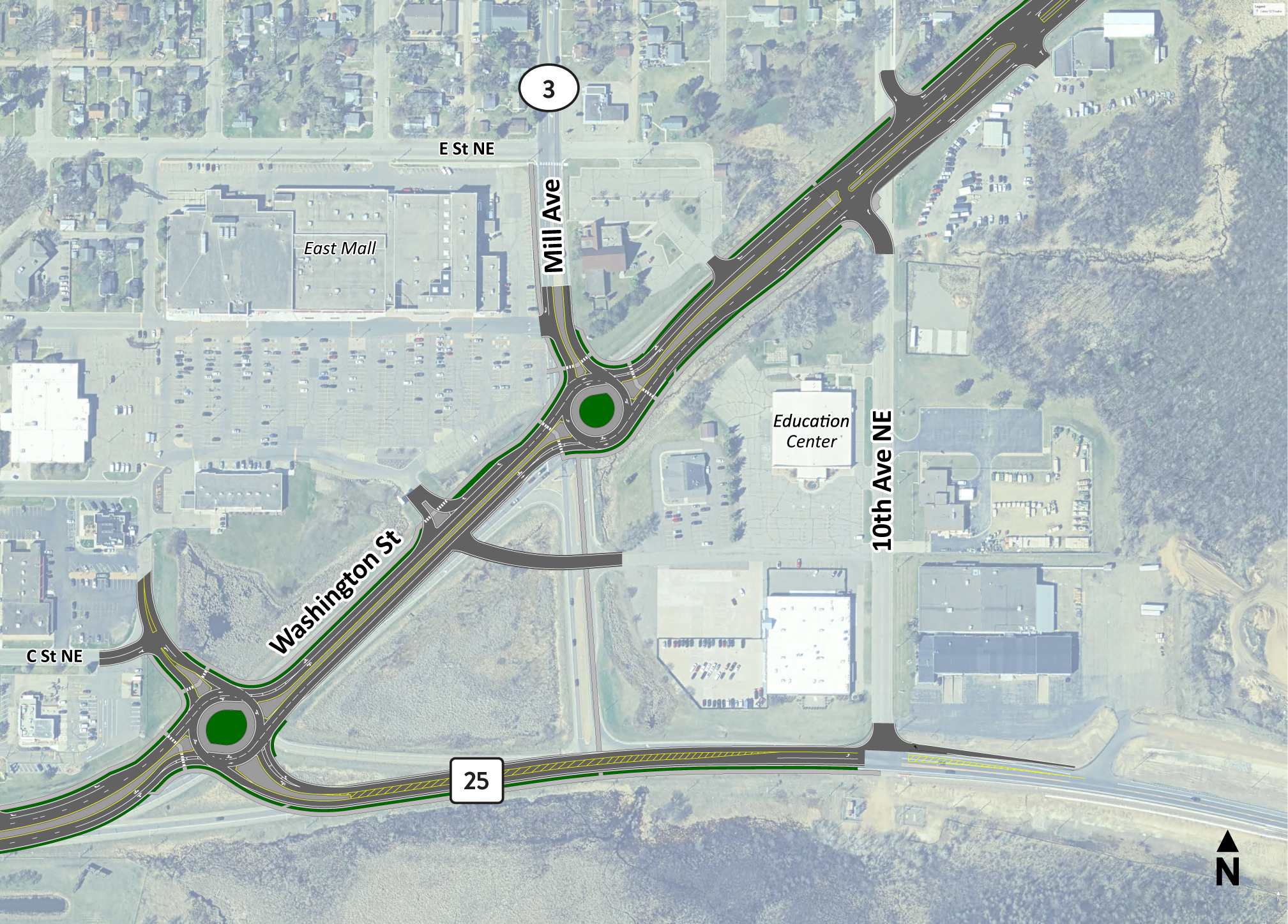 Hwy 210 Brainerd - Mall segment Hwy 210 mall - roundabouts - design layout on top of aerial image 5th Ave. NE to 10th Ave. NE.