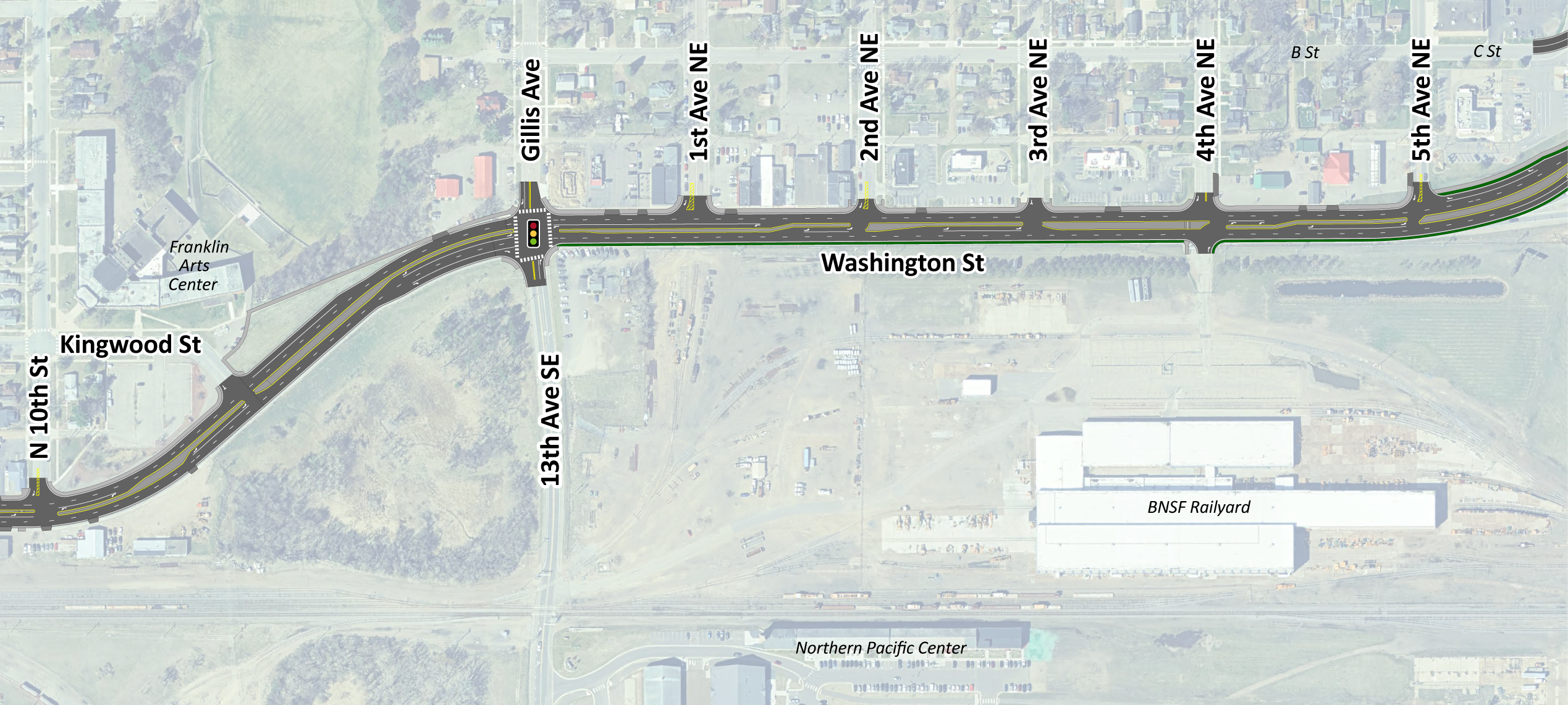 Hwy 210 Brainerd - Railyard segment Hwy 210 railyard design layout on top of aerial image west of Kingwood St. to 5th Ave. NE