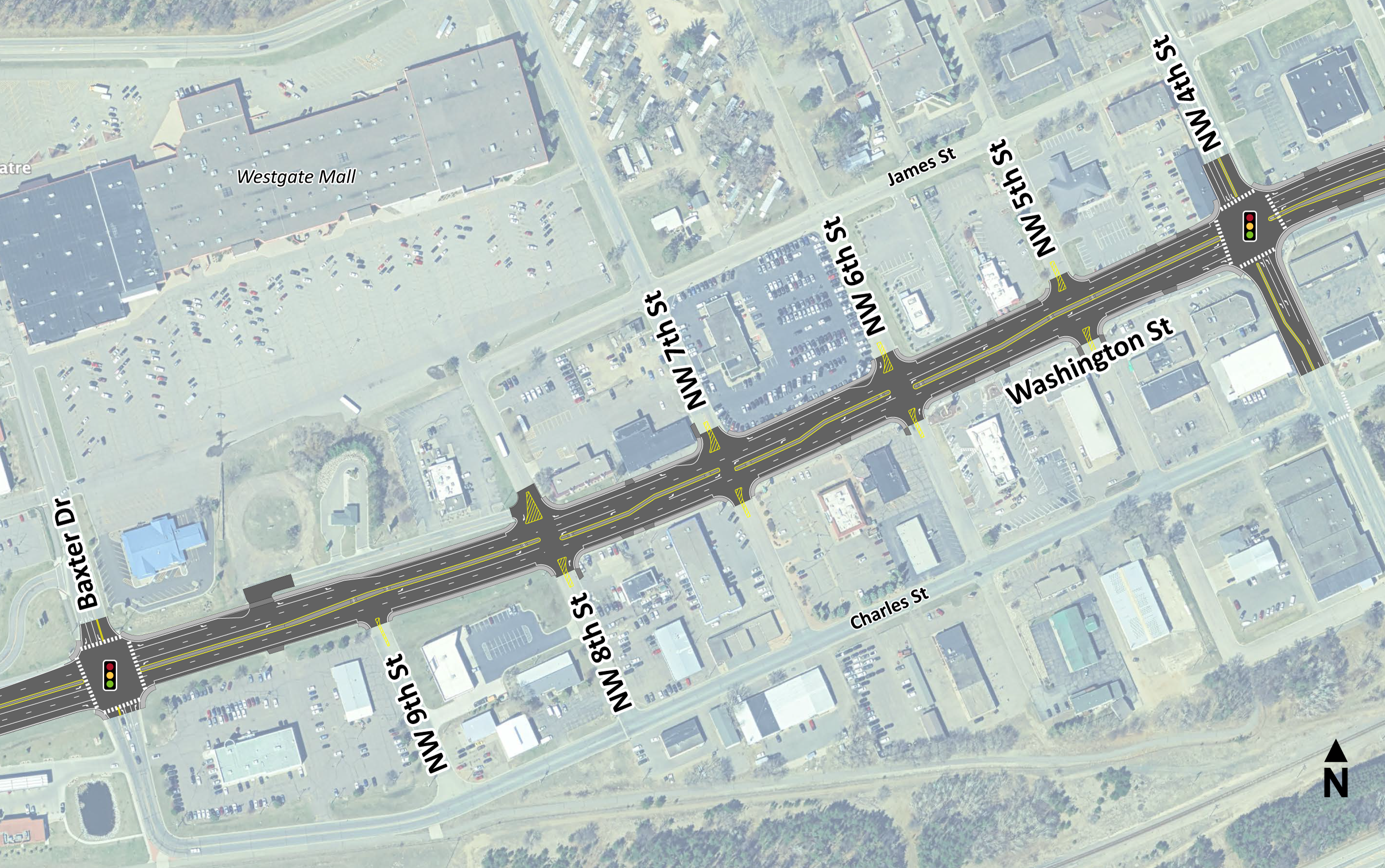 Hwy 210 Brainerd - West Hwy 210 design layout on top of aerial image Baxter Dr. to 4th St. NW
