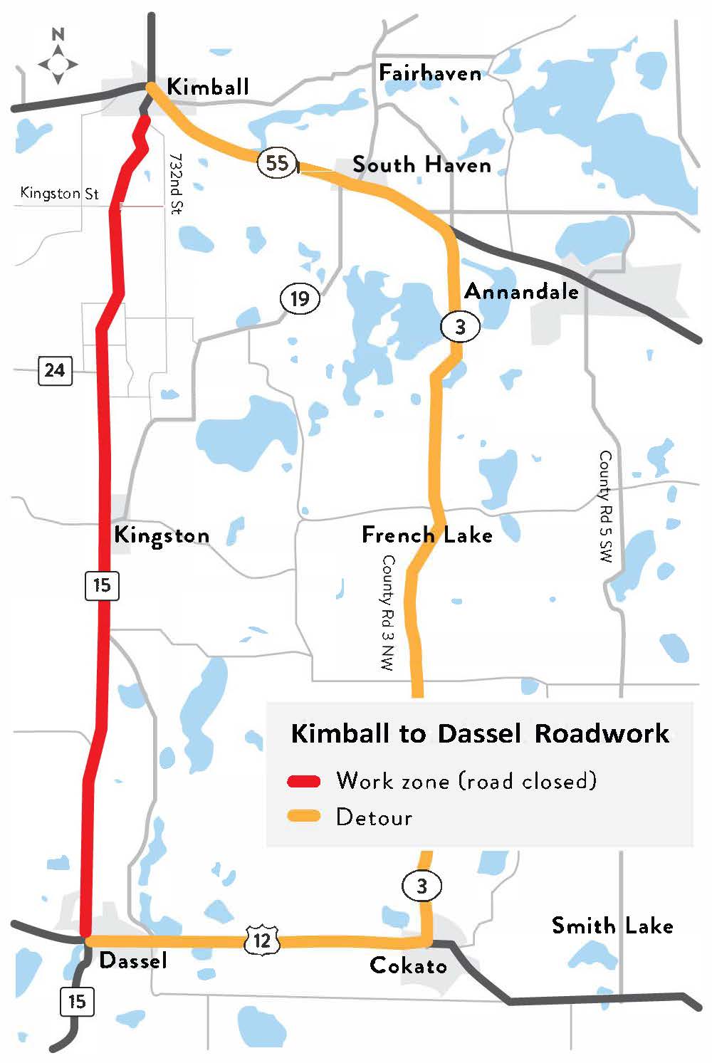 Hwy 15 project map with detour route