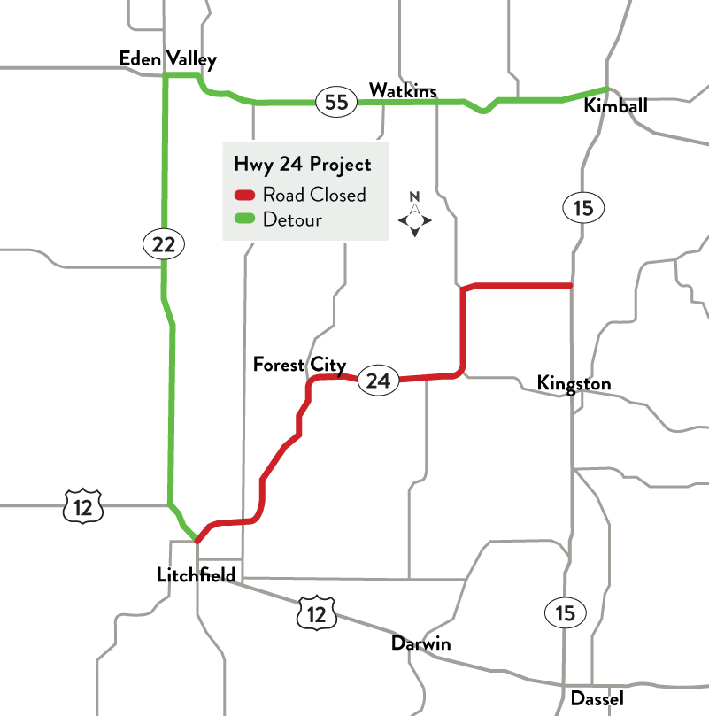 Hwy 15 project map with detour route