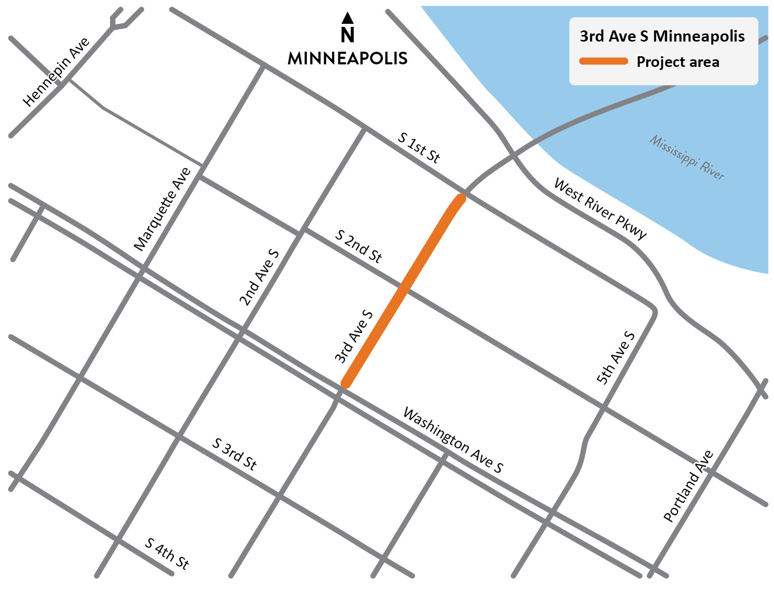 3rd Avenue South from Washington Avenue South to South 1st Avenue in Minneapolis project location map
