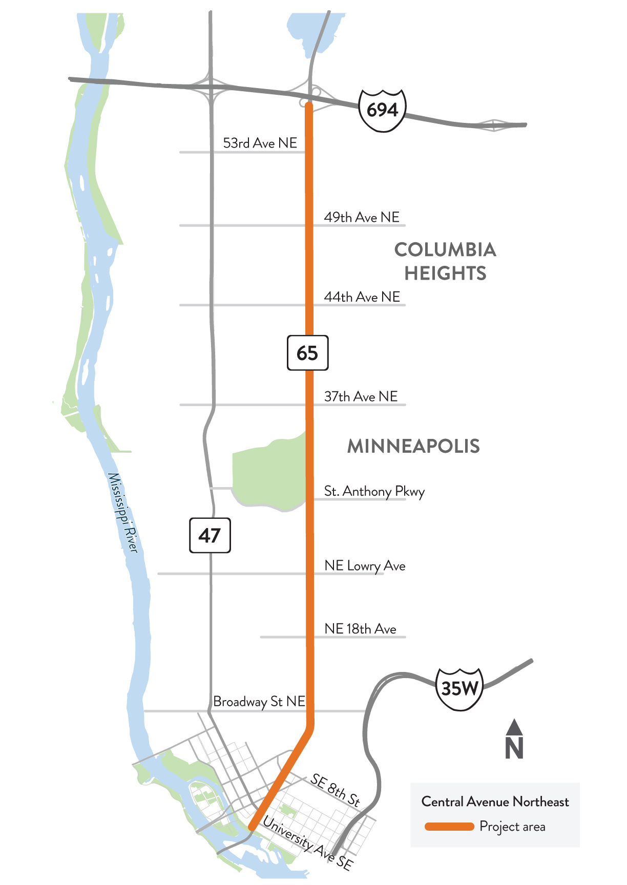 Central Avenue Northeast between University Avenue Southeast in Minneapolis and I-694 in Columbia Heights project location map