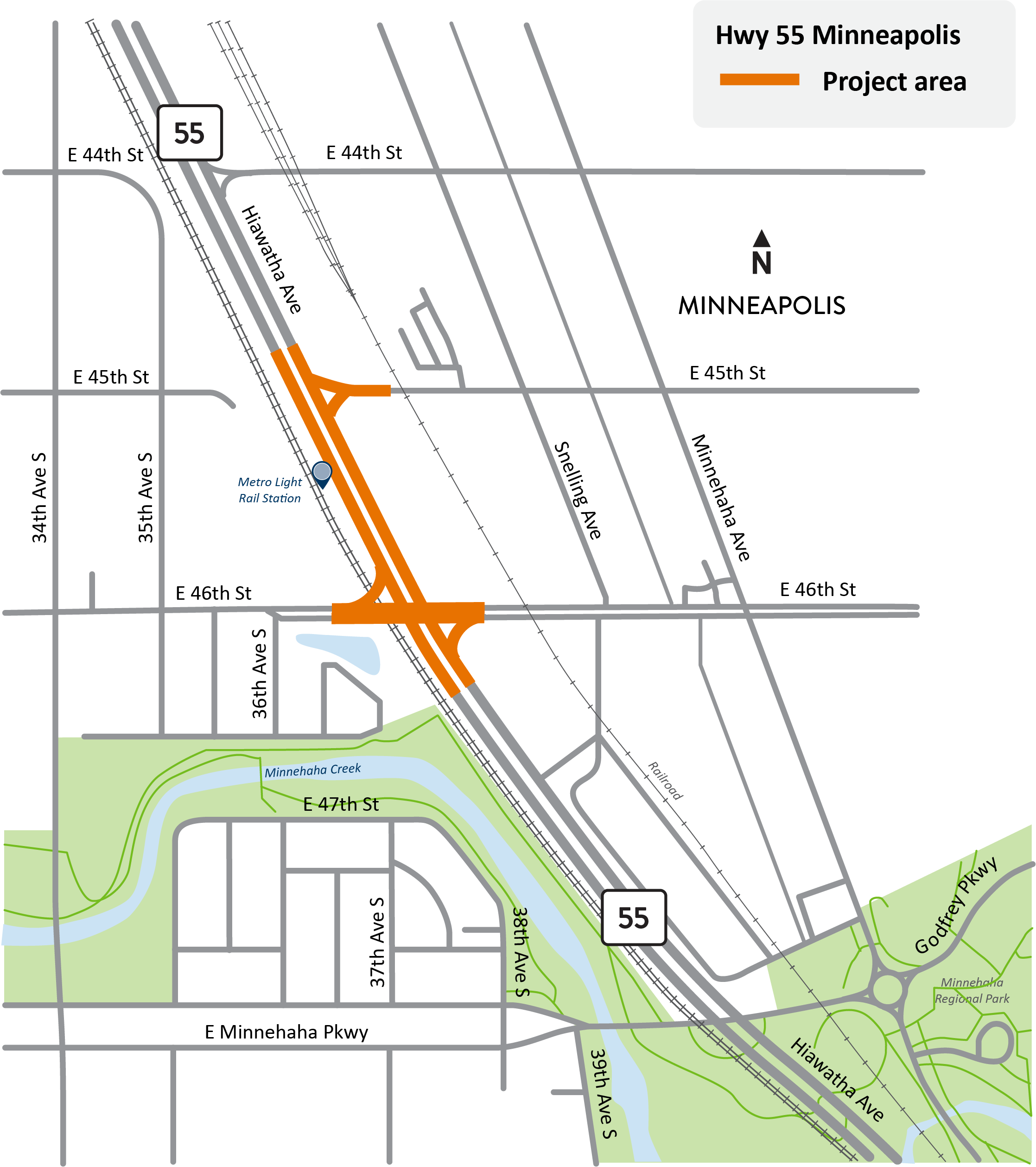 Hiawatha Avenue between 46th Street East and 45th Street East in Minneapolis project location map