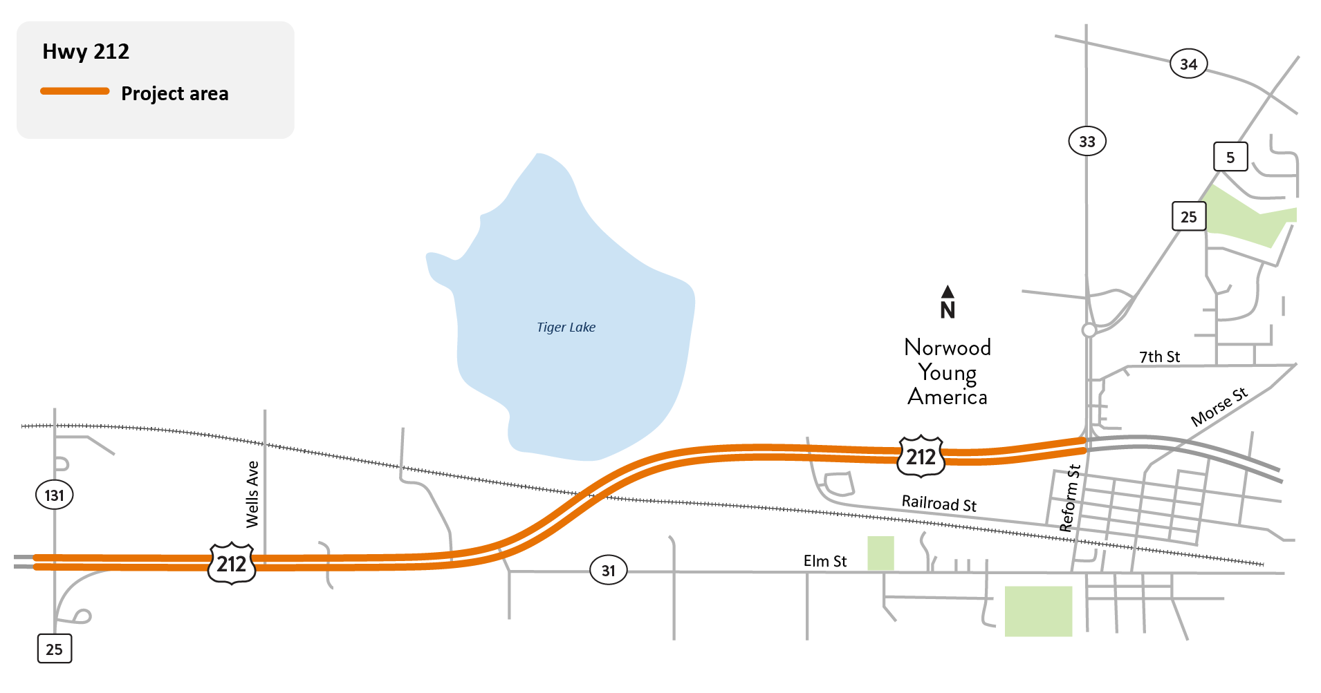 Highway 212 between Highway 5/Highway 25/County Road 131 in Young America Township and Highway 5/Highway 25/Reform Street in Norwood Young America project location map