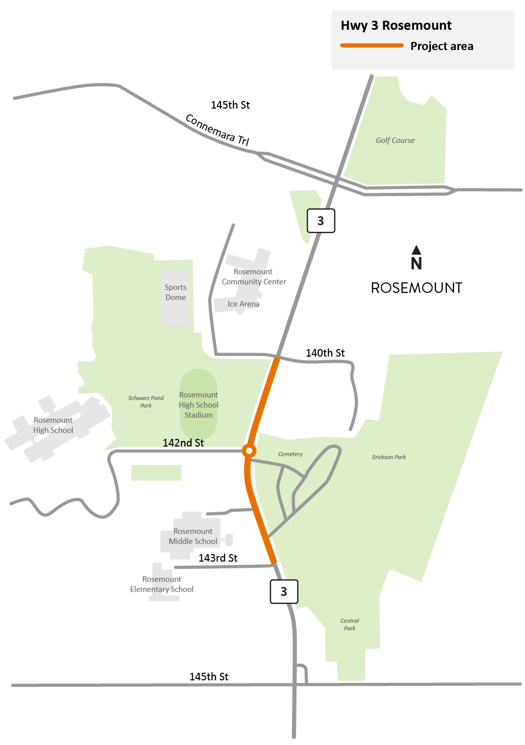 Highway 3 between 140th Street and 143rd Street in Rosemount project location map