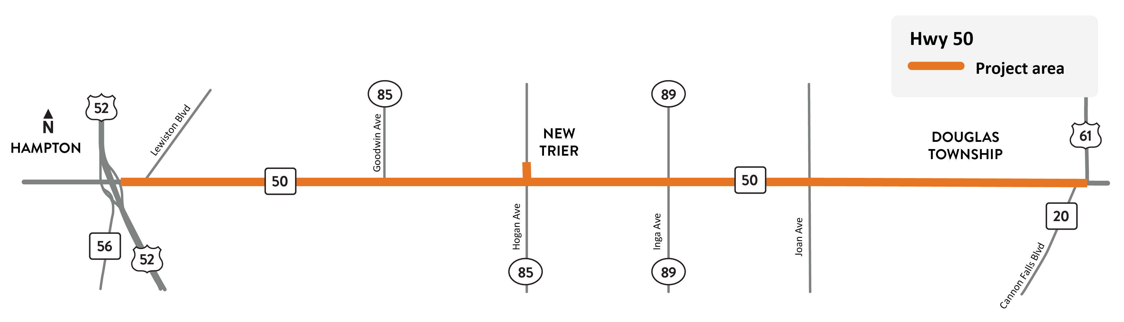Highway 50 between Highway 52 in Hampton to Highway 61 in Douglas Township project location map