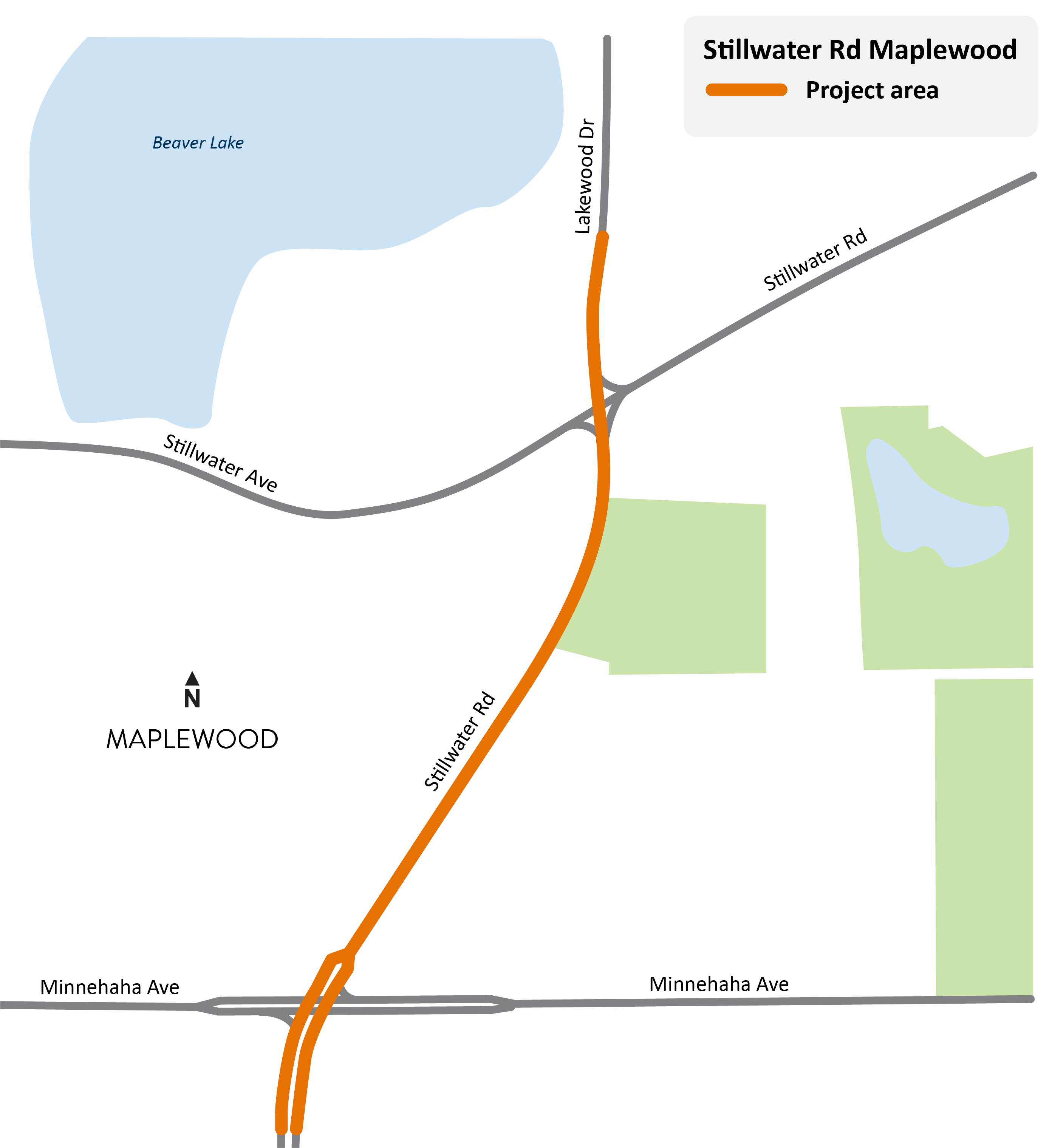 Hwy 5/Stillwater Road from just south of Minnehaha Avenue East and just north of Stillwater Avenue in Maplewood project location map