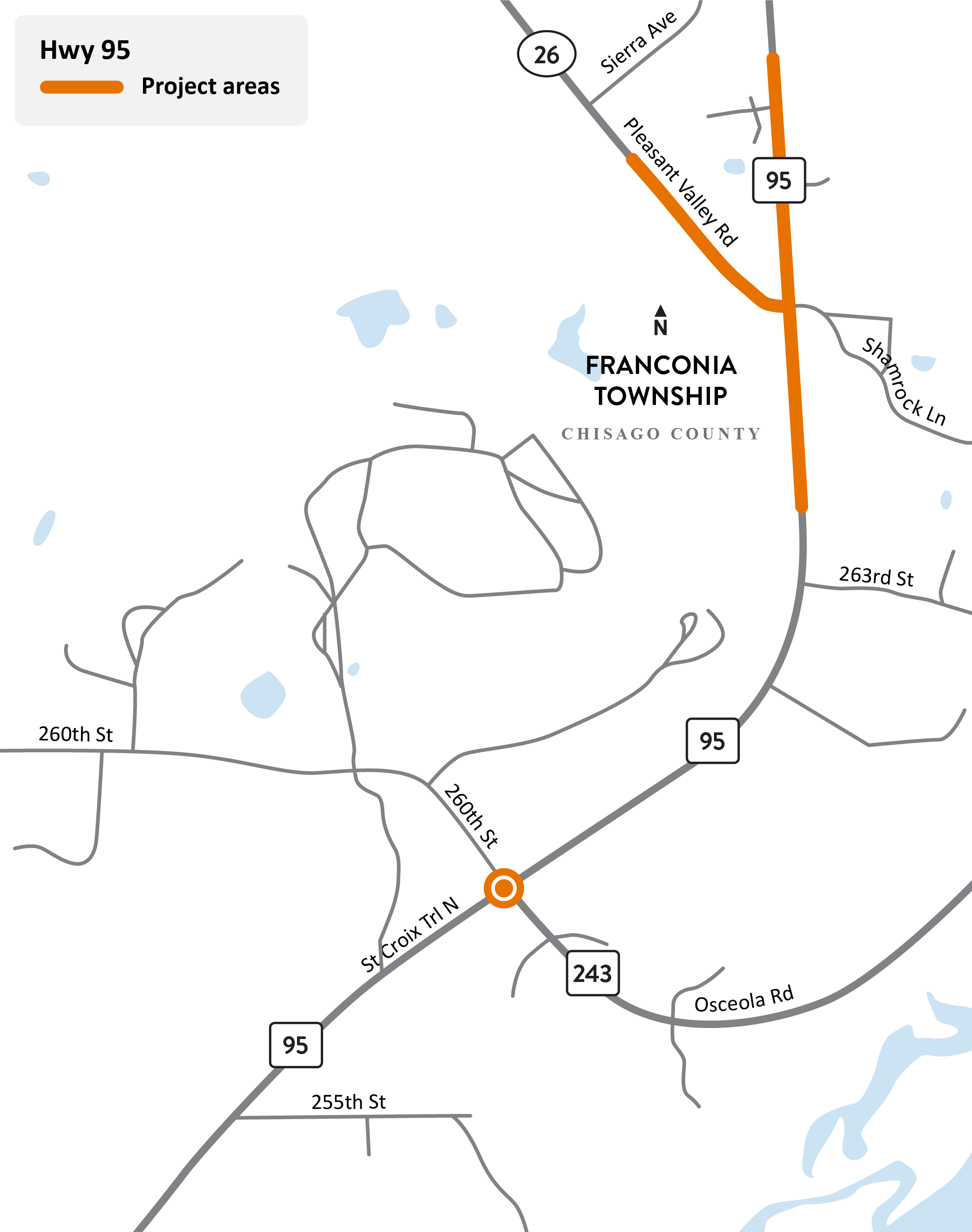 Highway 95 at Highway 26 and Shamrock Lane and Highway 95 at Highway 243 in Franconia Township project locations map