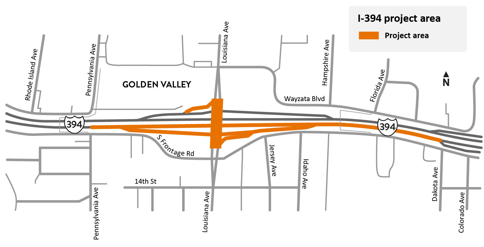I-394 between Pennsylvania Avenue and Dakota Avenue in St. Louis Park project location map