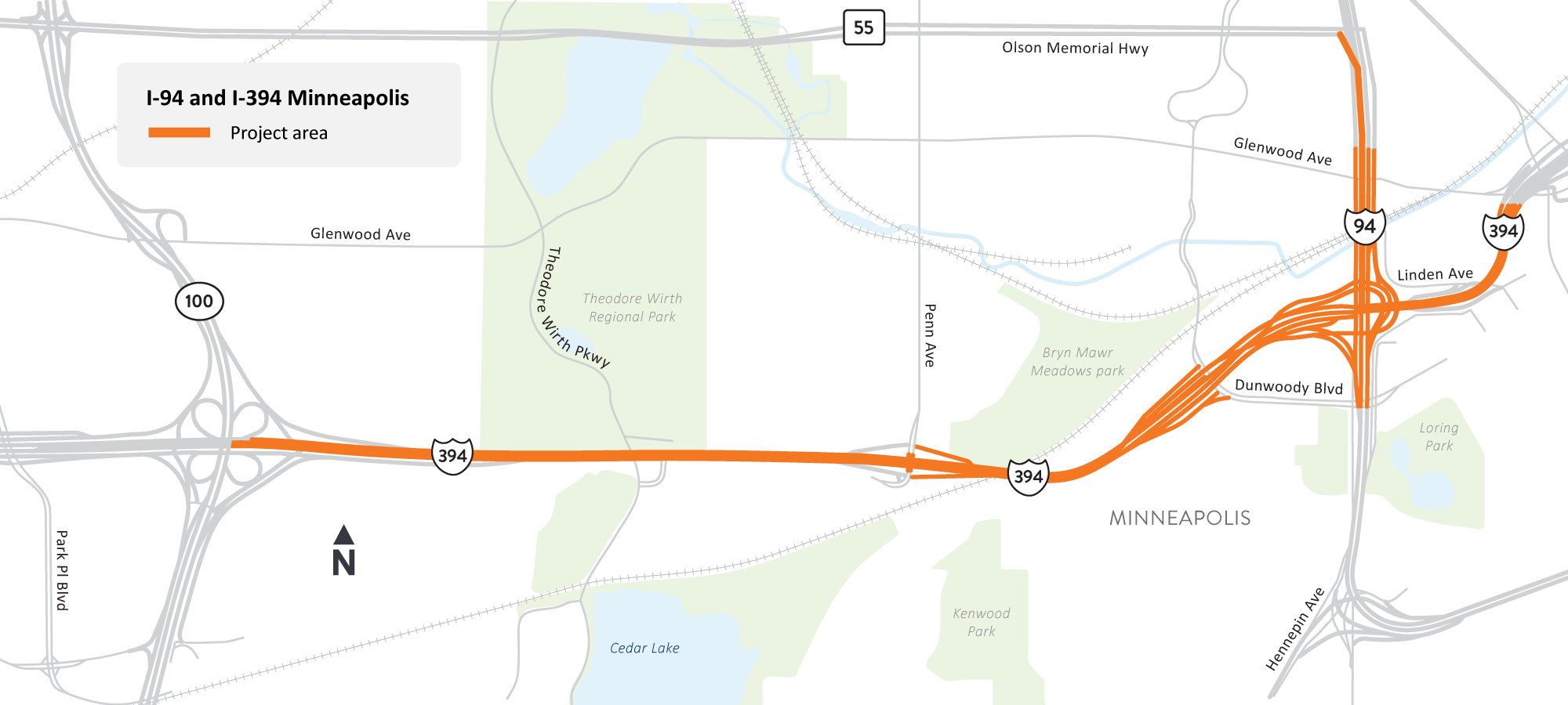 I-394 between Penn Avenue and North 11th Street and I-94 between Highway 55/Olson Memorial Highway and Dunwoody Boulevard in Minneapolis project location map