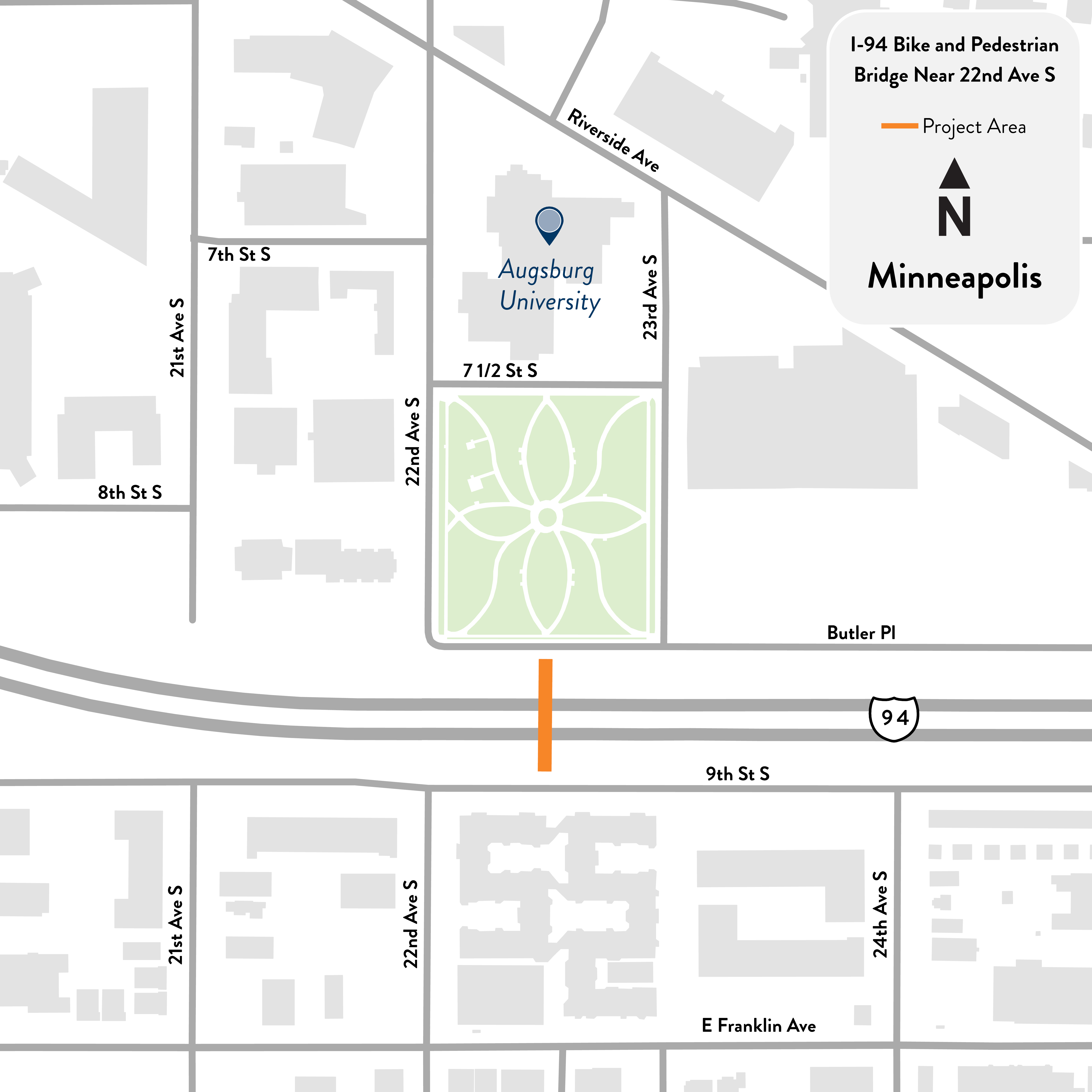 Pedestrian bridge over I-94 between 9th Street South and Butler Place in Minneapolis project location map