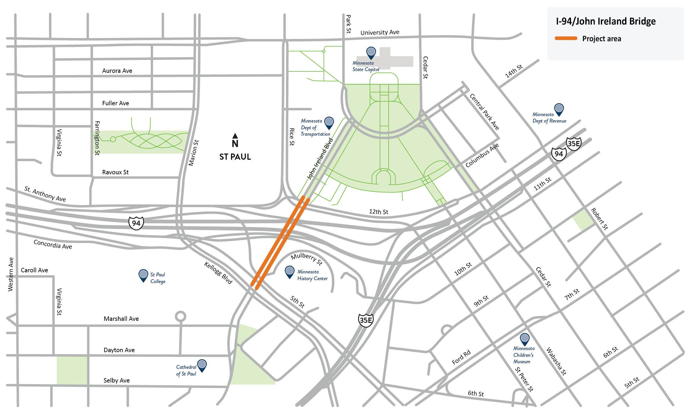 John Ireland Boulevard bridge over I-94 between Kellogg Boulevard and Rice Street in Saint Paul project location map