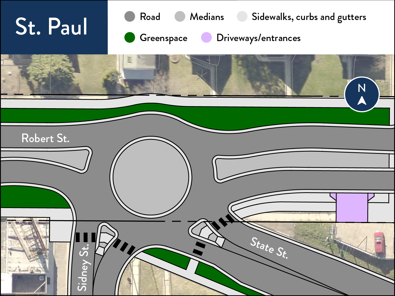 Example map of roundabout design option at the intersection of Robert, State and Sidney streets