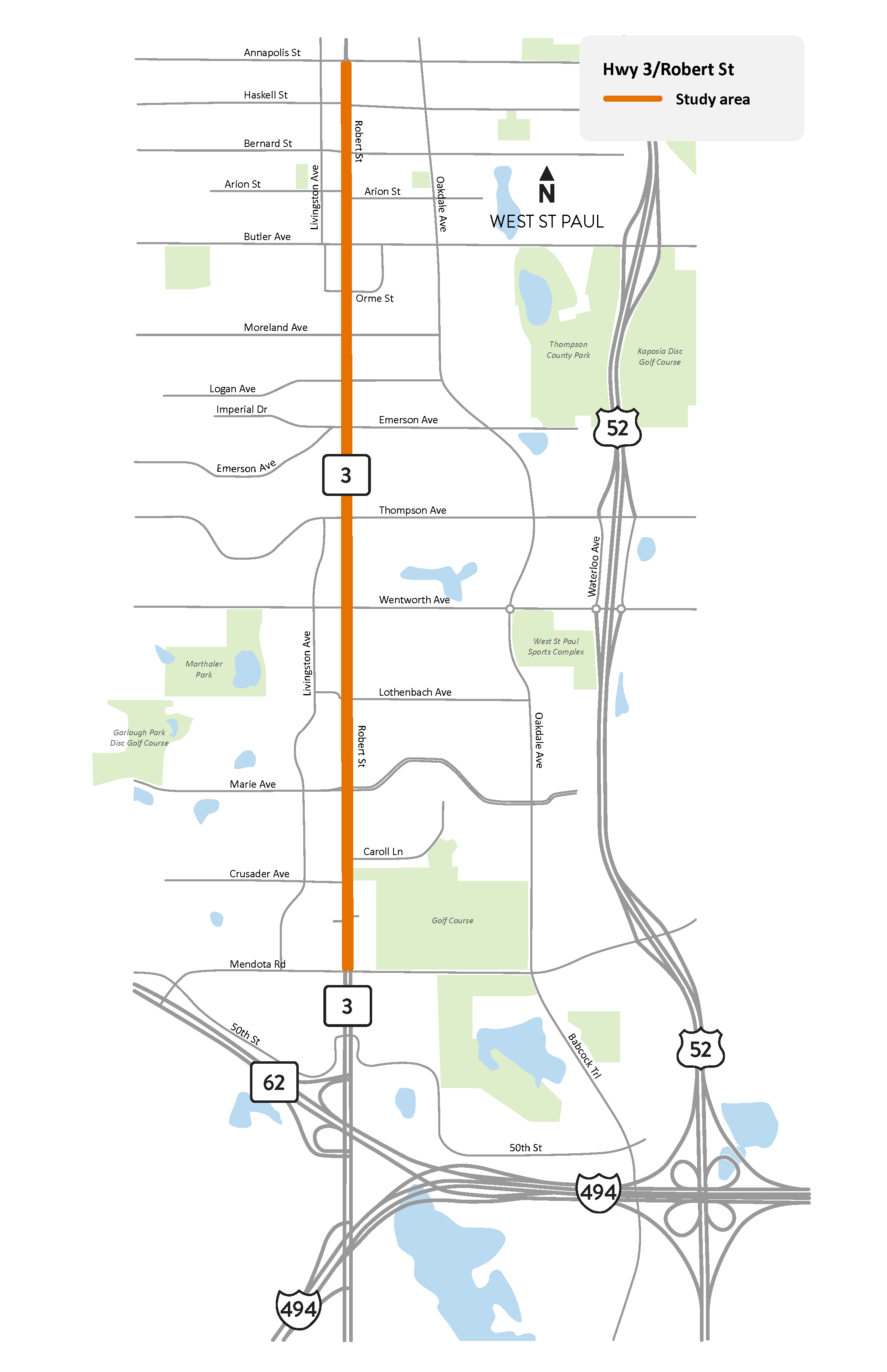 Highway 3/Robert Street from Mendota Road to Annapolis Street in West Saint Paul study location map