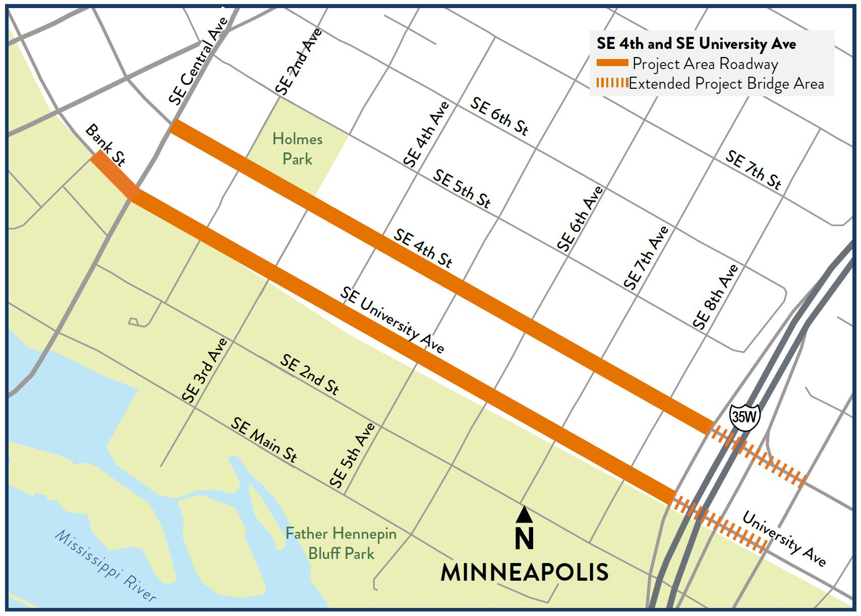 University Ave. and 4th St. between Central Ave. and I-35W in Minneapolis project location map