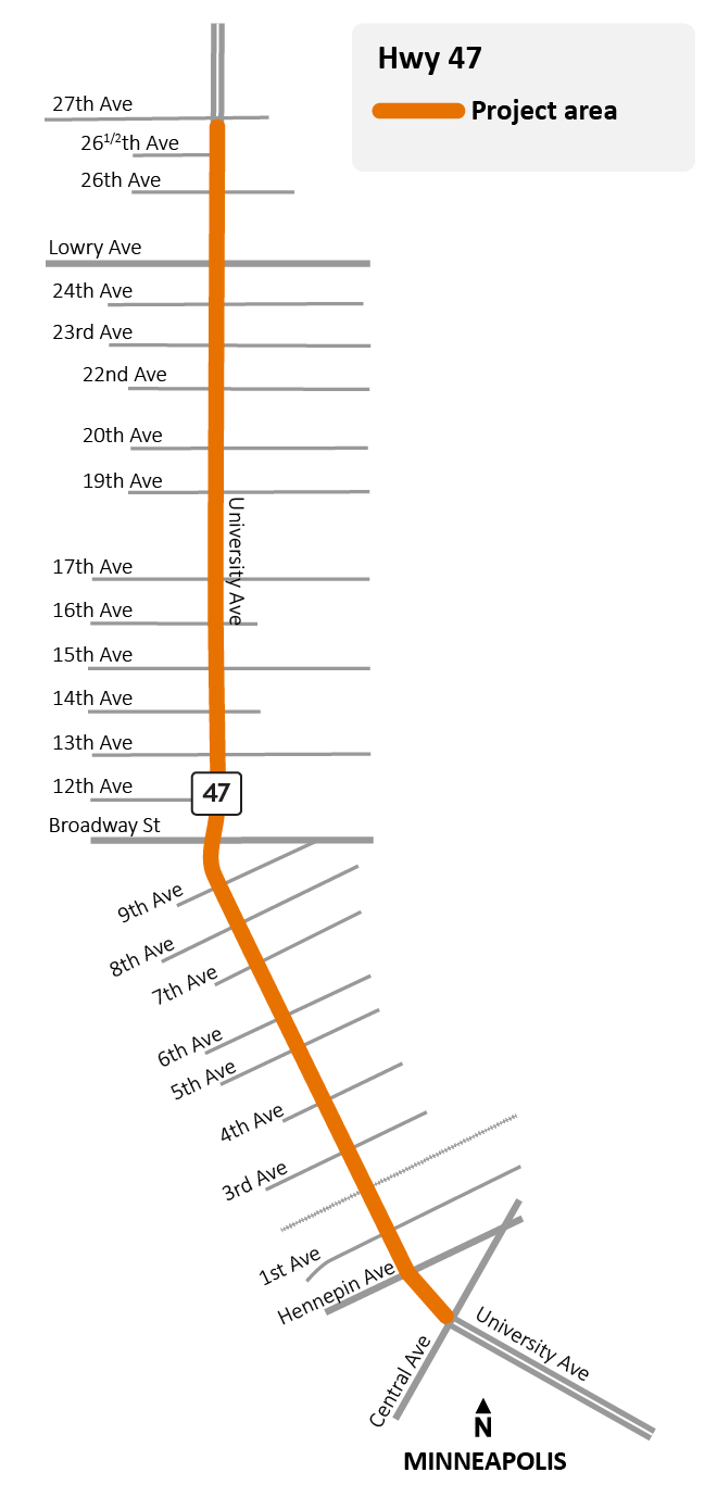 Hwy 47 from Hwy 65/Central Ave. to 27th Ave. NE in Mpls project area map