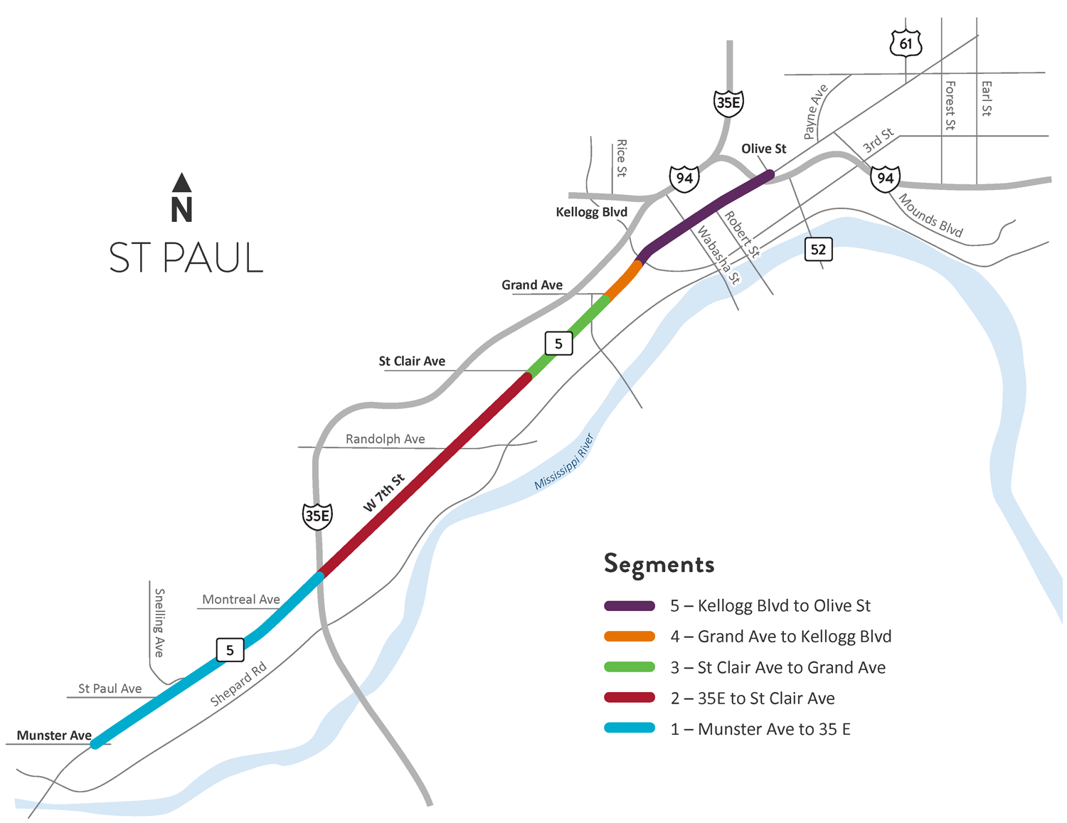 West 7th Street project map divided into five segments