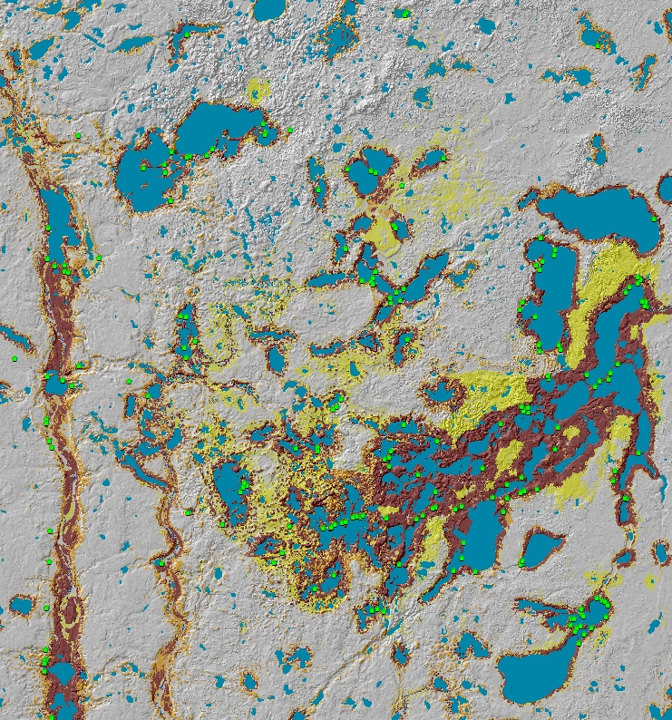 Map of MnModel Phase 4 Survey Implementation Model showing correspondence of high probability areas with archaeological site locations