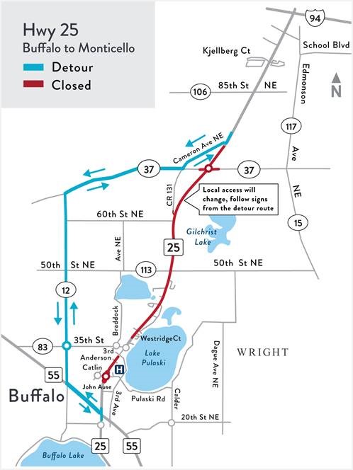 mape of hwy 25 buffalo to Monticello